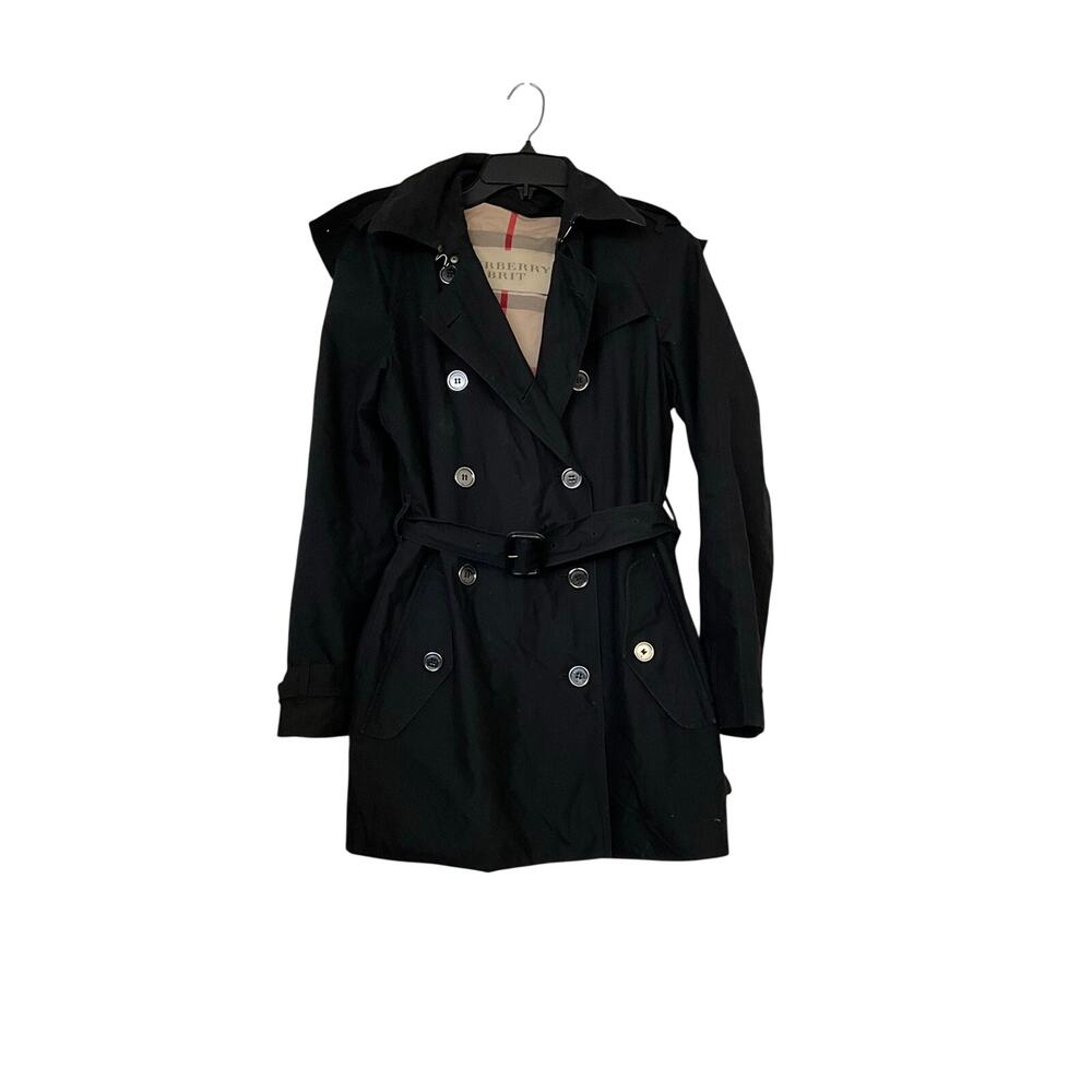 Burberry Brit Black Hooded Trench Coat Nova Check